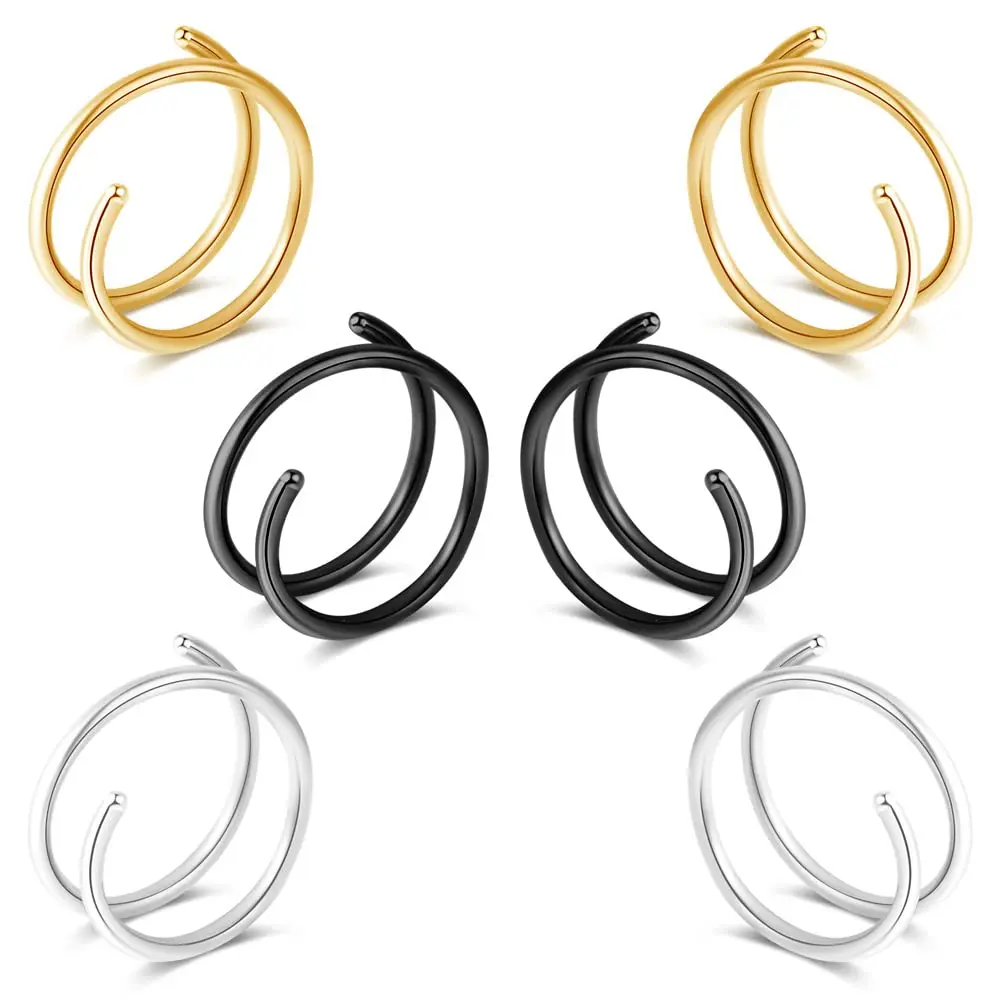 Fzroezz Double Hoop Nose Ring Set 20 Gauge (8mm) | Hypoallergenic Surgical Steel Twist Spiral Piercing Jewelry (3 Pairs, Gold Black Silver) - main product image