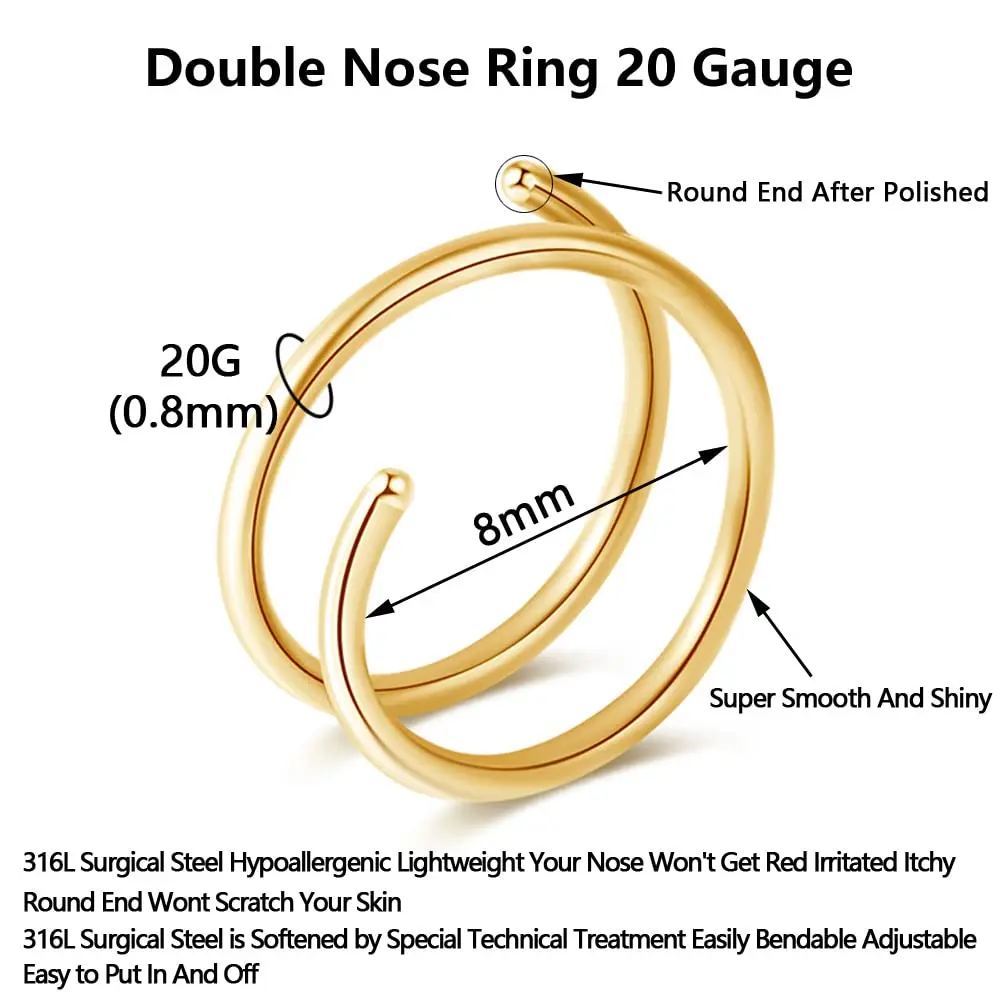 Fzroezz Double Hoop Nose Ring Set 20 Gauge (8mm) | Hypoallergenic Surgical Steel Twist Spiral Piercing Jewelry (3 Pairs, Gold Black Silver) - view 2