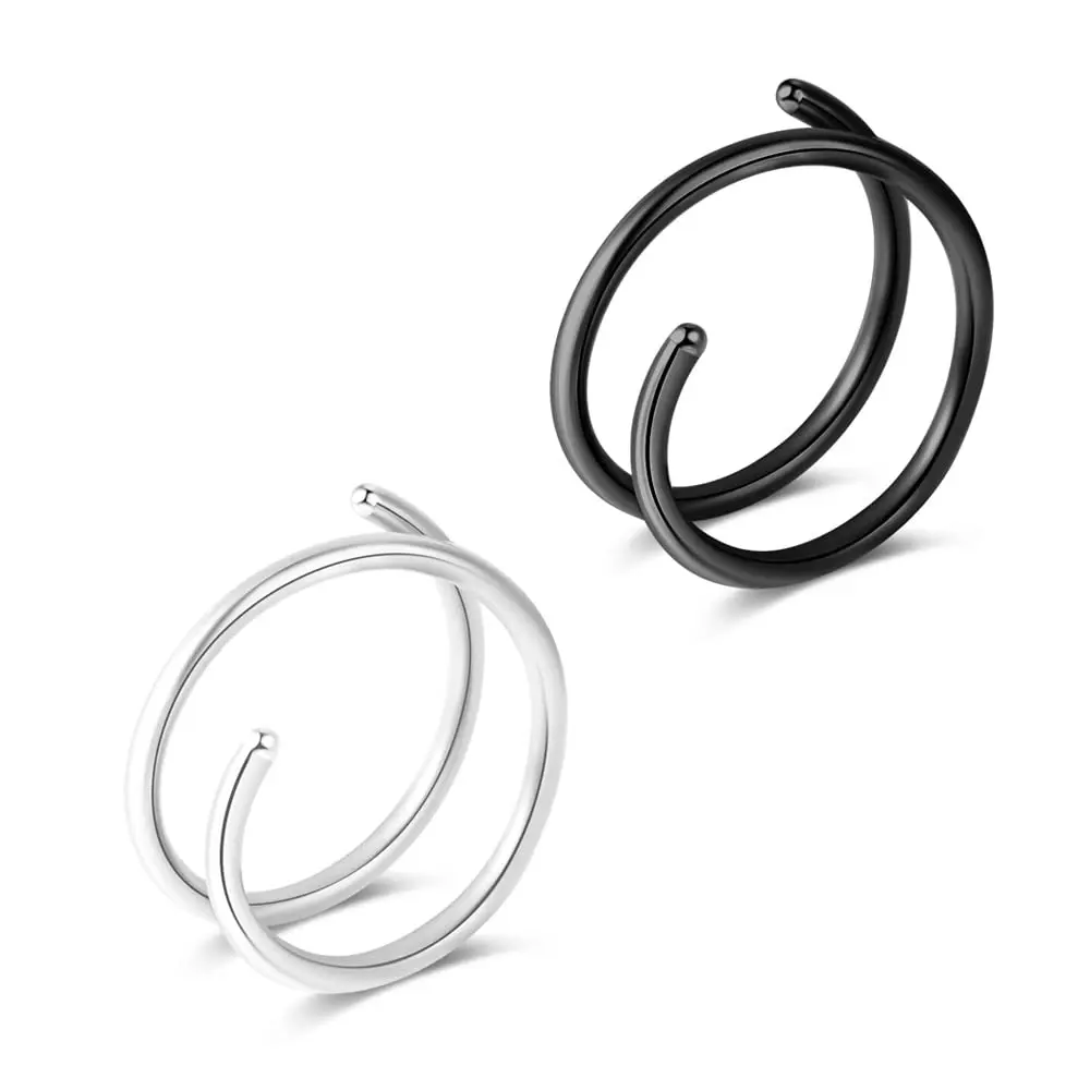 Fzroezz Double Nose Ring for Single Piercing | Hypoallergenic Surgical Steel 20G, Silver/Black, 8mm - main product image
