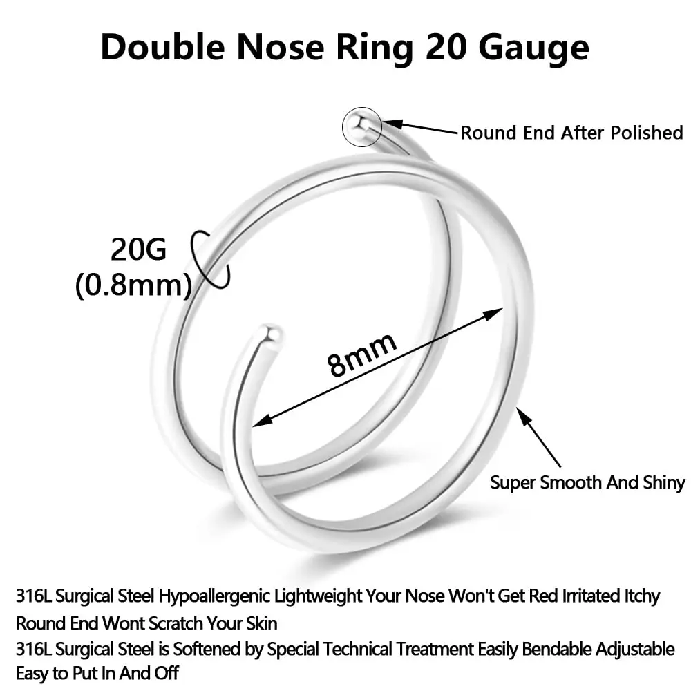 Fzroezz Double Nose Ring for Single Piercing | Hypoallergenic Surgical Steel 20G, Silver/Black, 8mm - view 2