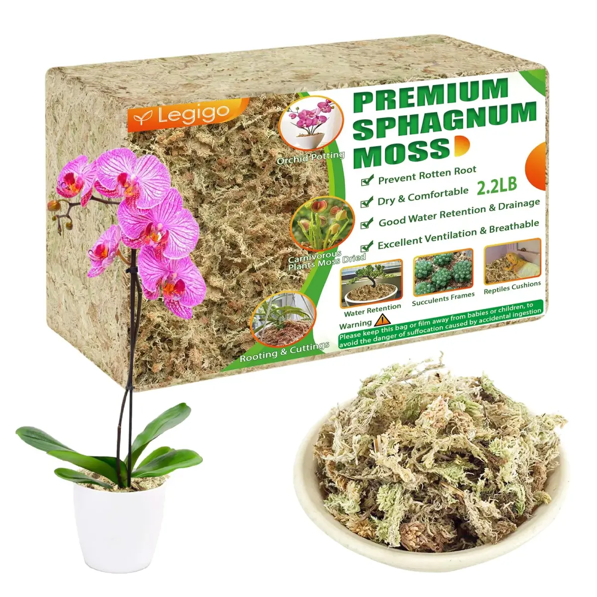 Legigo Premium 40 QT (2.2 lb) Long Fiber Sphagnum Moss for Orchids & Succulents - main product image