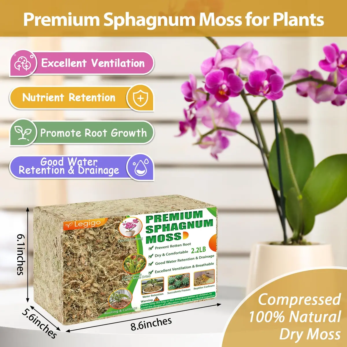 Legigo 2.2LB Sphagnum Moss for Plants | Natural Long Fibers Orchid Moss, 40QT - view 2
