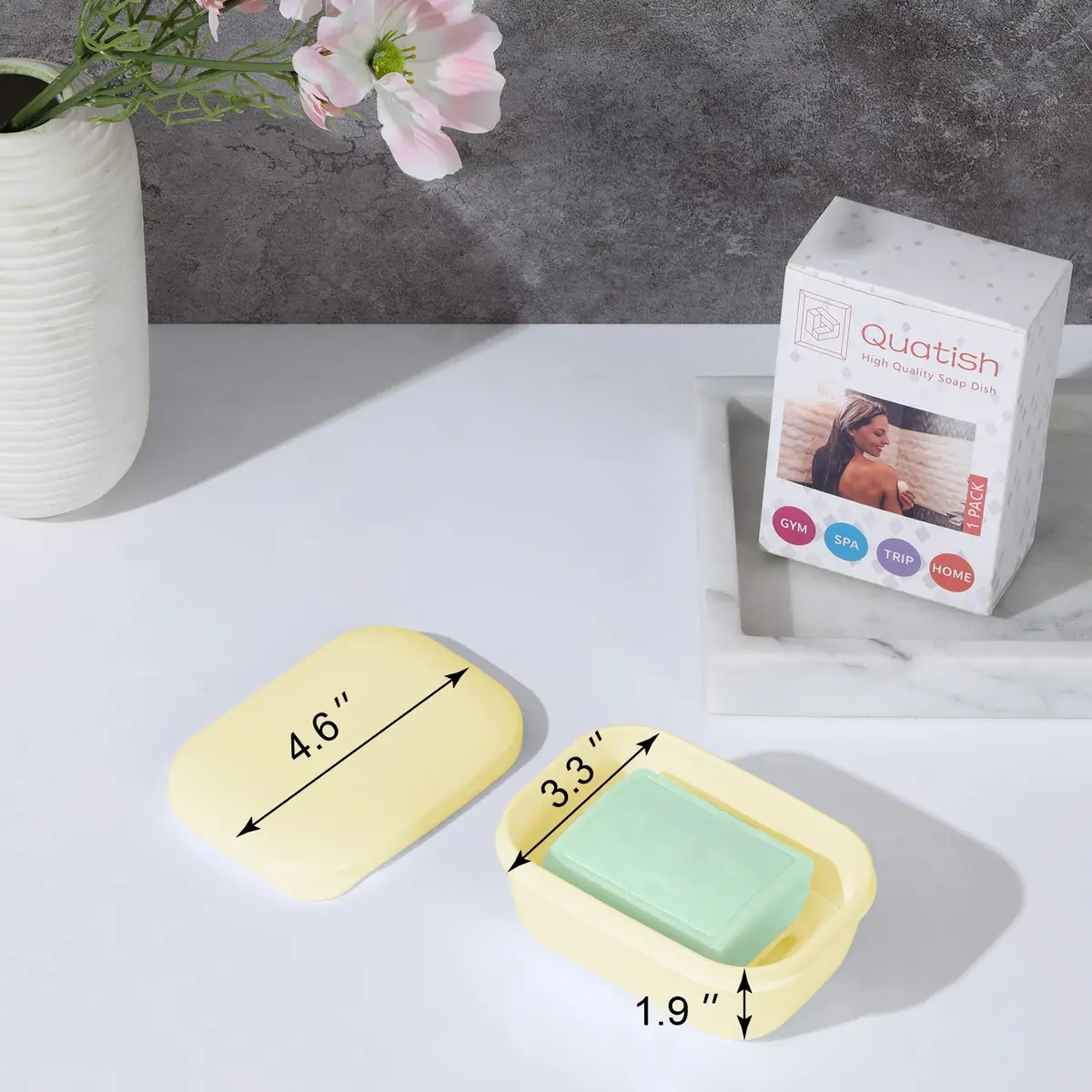 Quatish Leakproof Soap Dish with Lid & Draining Layer | Portable Travel Soap Holder for Camping & Gym, Yellow - view 4