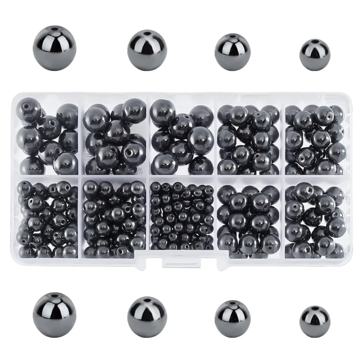 PH PandaHall Black Synthetic Hematite Beads 316pcs 4 Sizes Round Gemstone Beads | 4mm-10mm - main product image