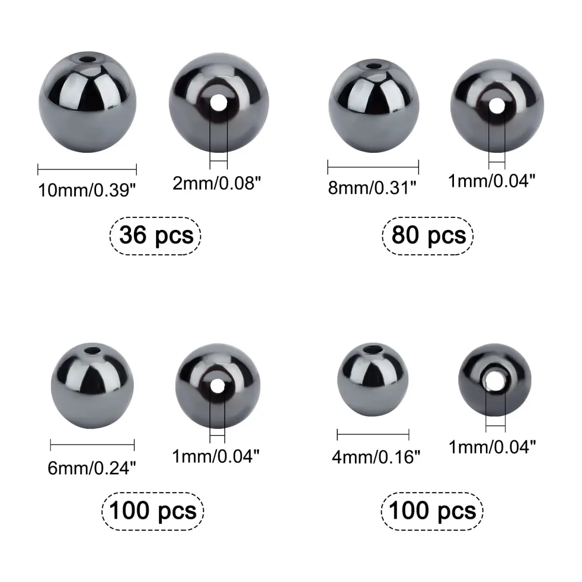 PH PandaHall Black Synthetic Hematite Beads 316pcs 4 Sizes Round Gemstone Beads | 4mm-10mm - view 5