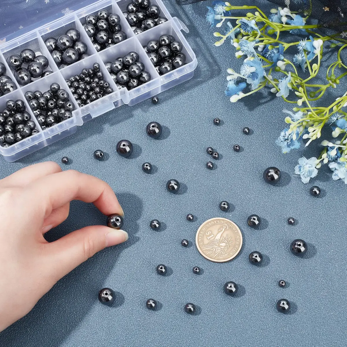 PH PandaHall Black Synthetic Hematite Beads 316pcs 4 Sizes Round Gemstone Beads | 4mm-10mm - view 6
