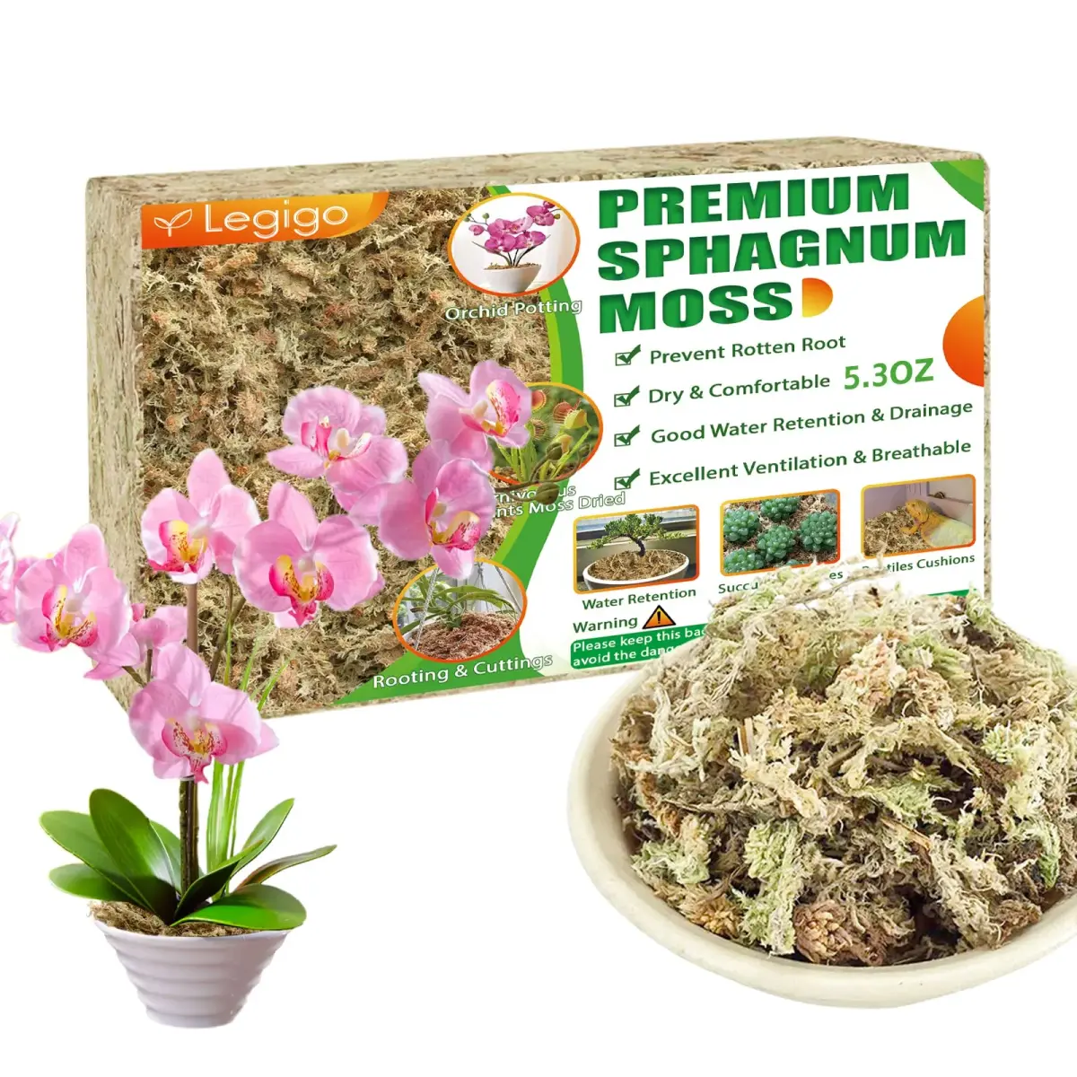 Legigo Premium Sphagnum Moss - 6 Quart (5.3 oz) Natural Long Fiber for Orchids & Succulents - main product image