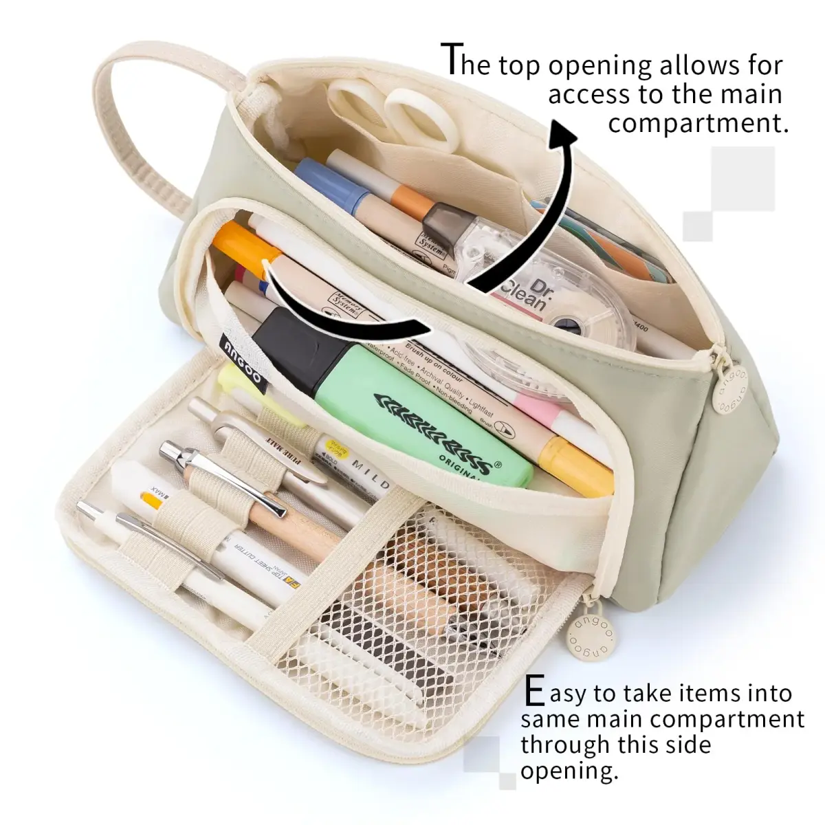 EASTHILL Large Capacity Pencil Case Organizer | Light Green XW Polyester Stationery Pouch with Handheld Band - view 2