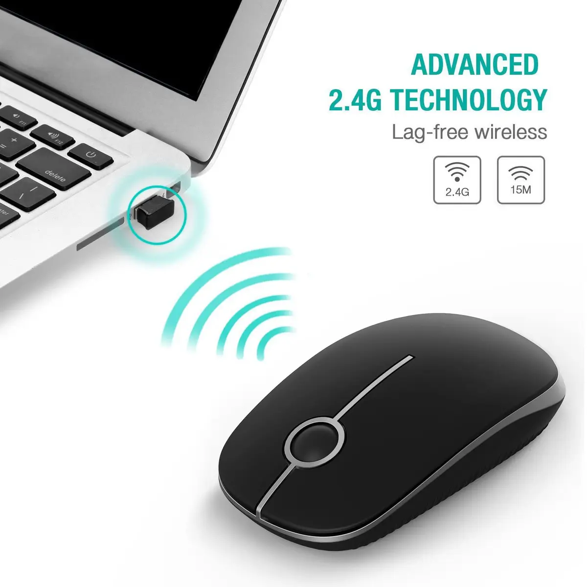 Unipows Wireless Mouse-2.4G Slim Portable Computer Mouse, Black Silver | Quiet Click & High DPI - view 2