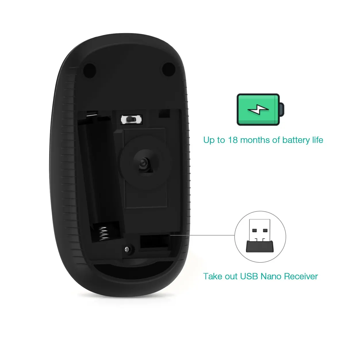 Unipows Wireless Mouse-2.4G Slim Portable Computer Mouse, Black Silver | Quiet Click & High DPI - view 4