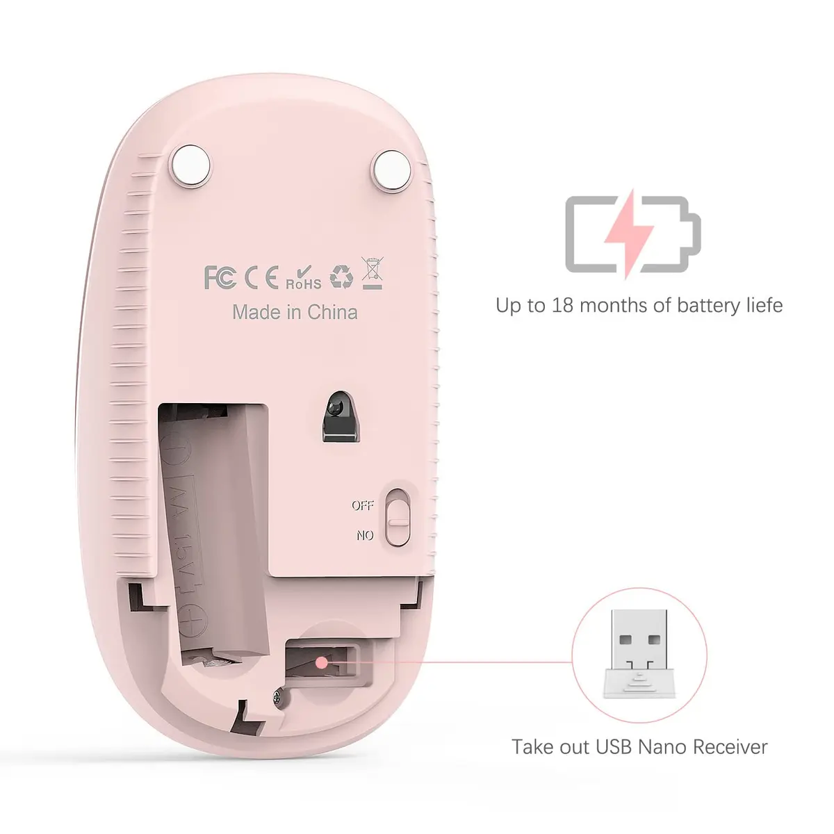 Unipows Wireless Mouse Pink | 2.4G Slim Portable Computer Mouse, Ambidextrous - view 5