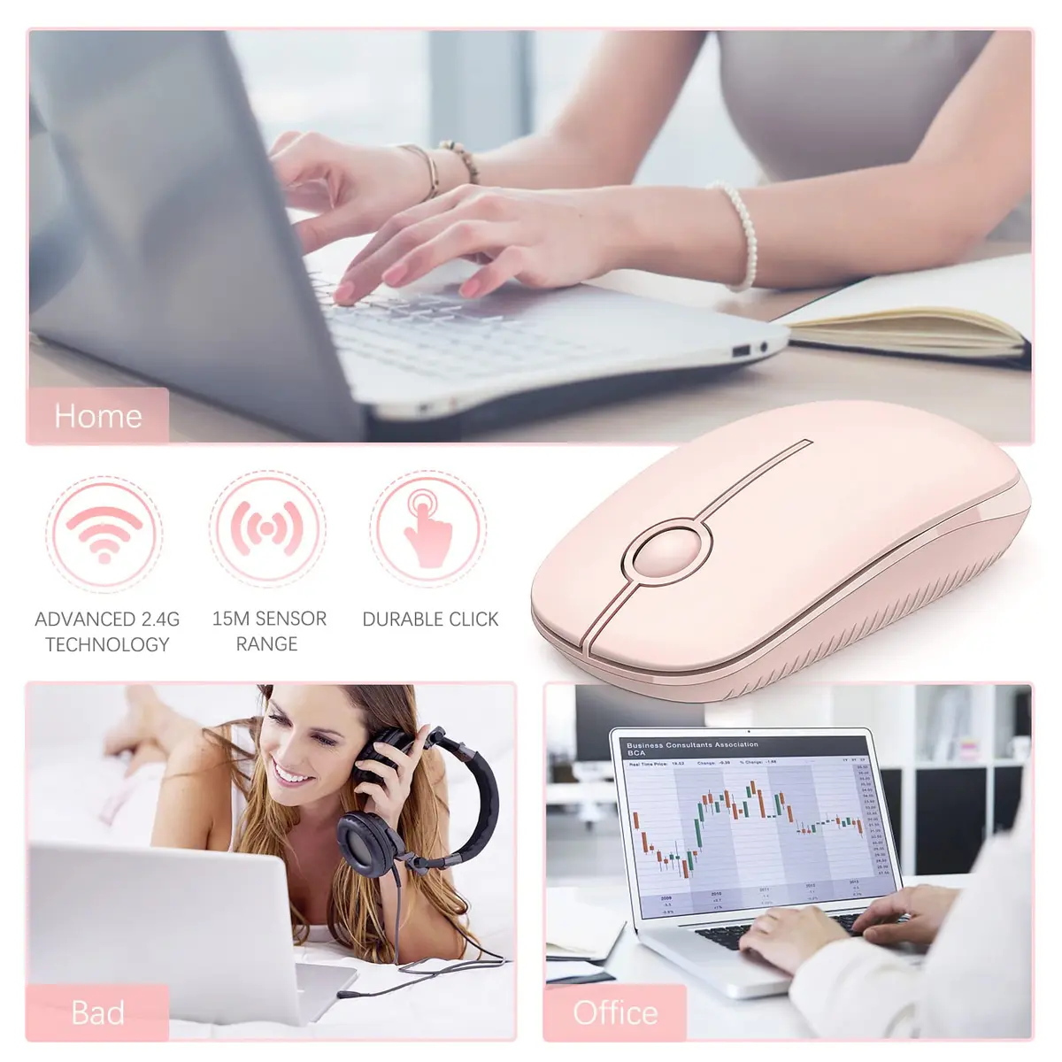 Unipows Wireless Mouse Pink | 2.4G Slim Portable Computer Mouse, Ambidextrous - view 7