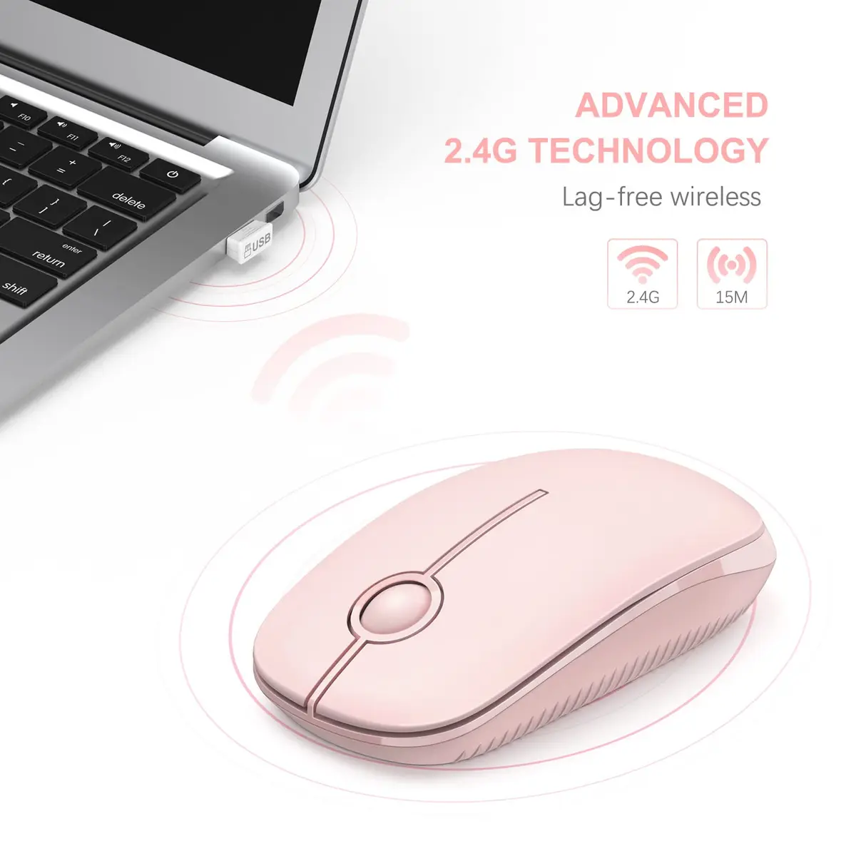 Unipows Wireless Mouse Pink | 2.4G Slim Portable Computer Mouse, Ambidextrous - view 2