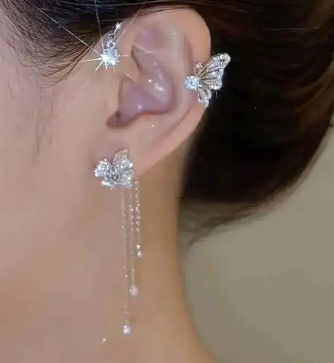 LAKIYOYO Silver 2Pcs Zircon Butterfly Ear Cuff Earrings | No Piercing Wrap Around Rhinestone Jewelry - view 2