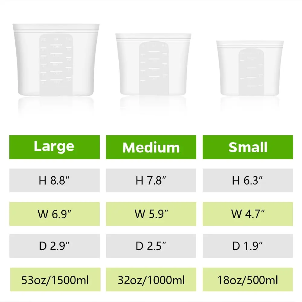 Winrock Reusable Silicone Food Storage Bags 3 Pack | Microwave & Dishwasher Safe, BPA Free, Stand Up Zip Containers (51oz, 34oz, 17oz) - view 2