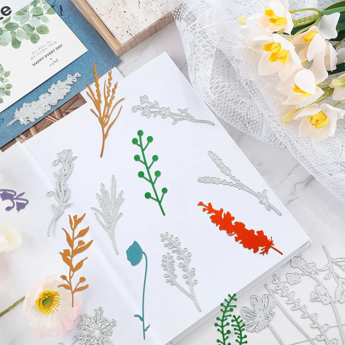 Patelai 17 Pieces Wildflower Metal Cutting Dies 4.25in x 4.13in | Elegant Flower & Leaf Shapes for Scrapbooking - view 3
