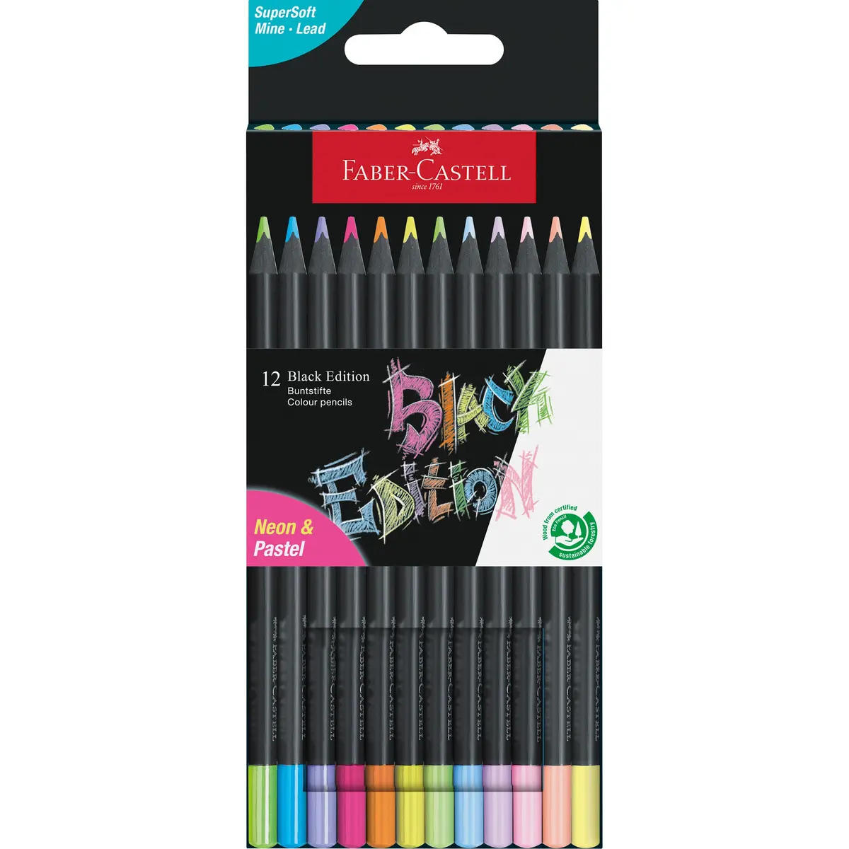 Faber-Castell Black Edition Colored Pencils, Neon & Pastel Colors | 12 Brilliant Art Pencils for Adults & Kids - main product image