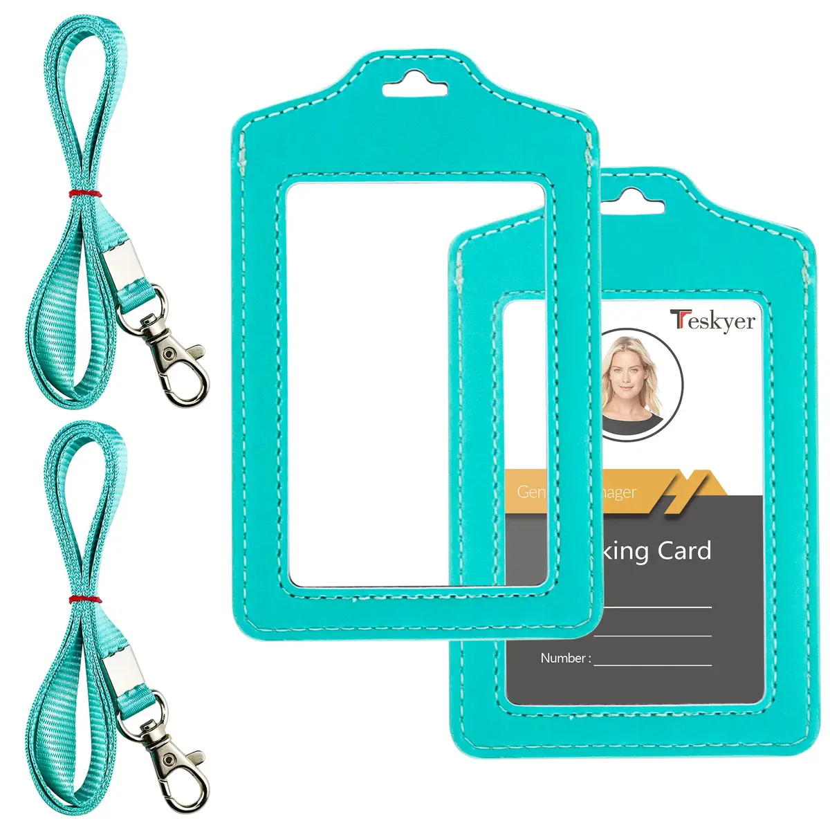 Teskyer Badge Holder with Lanyard Cyan | Double Sided Clear ID Card Holder for Work & School - main product image