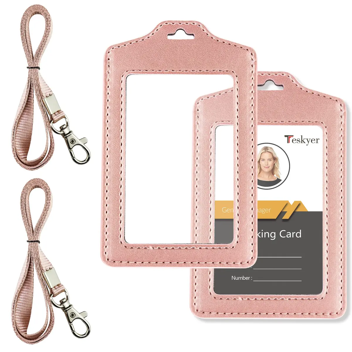 Teskyer Badge Holder Rose Gold | Double Sided, Durable PU Leather, 2-Pack, with Lanyard (2.7" x 4.5") - main product image