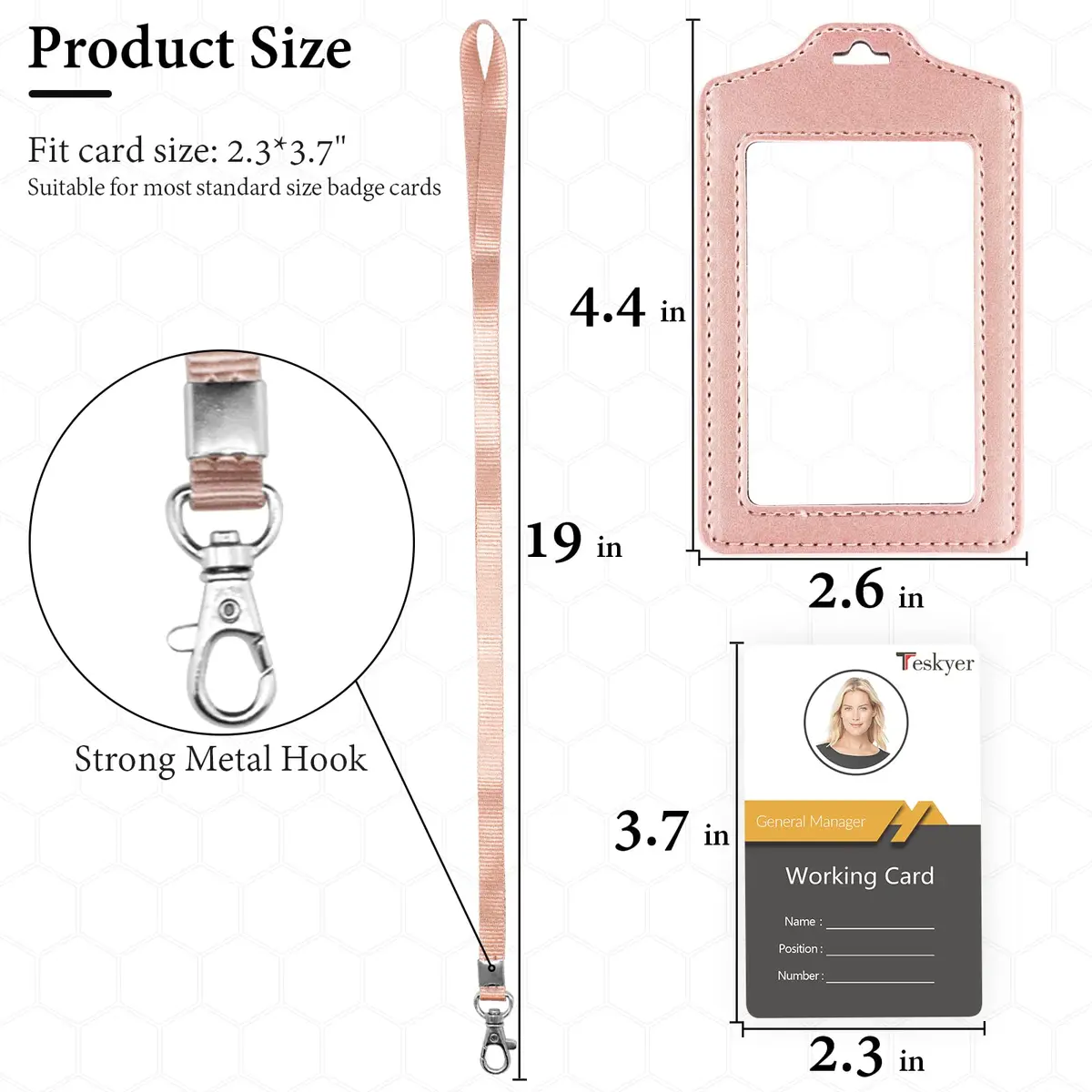 Teskyer Badge Holder Rose Gold | Double Sided, Durable PU Leather, 2-Pack, with Lanyard (2.7" x 4.5") - view 3