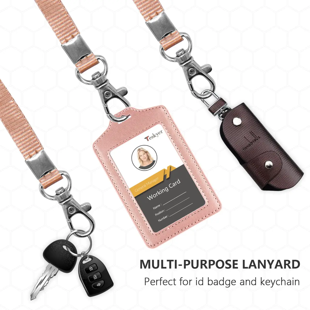 Teskyer Badge Holder Rose Gold | Double Sided, Durable PU Leather, 2-Pack, with Lanyard (2.7" x 4.5") - view 4