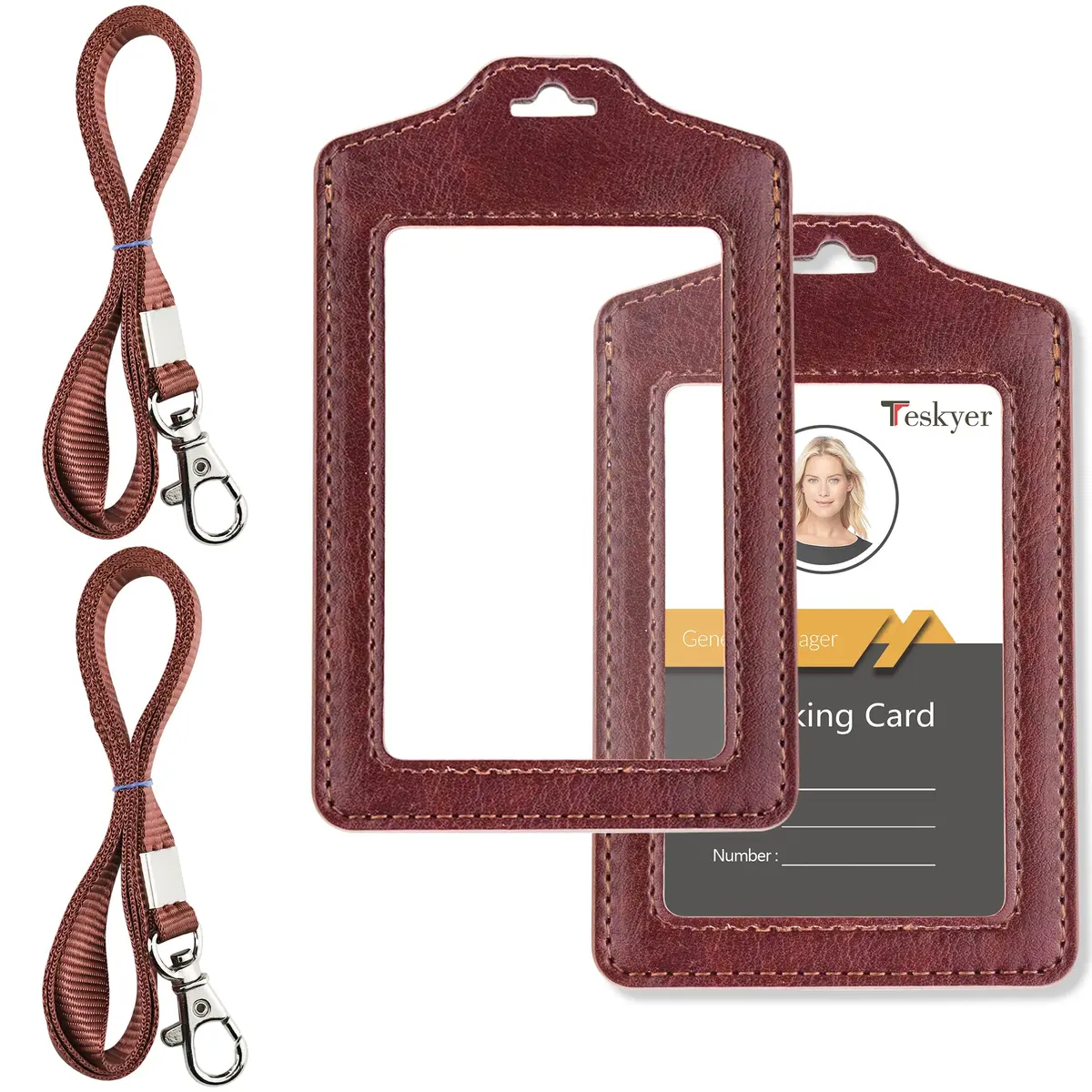 Teskyer Badge Holder with Lanyard | Double Sided Clear ID Card Holder, Brown | Professional Office & School Access - main product image