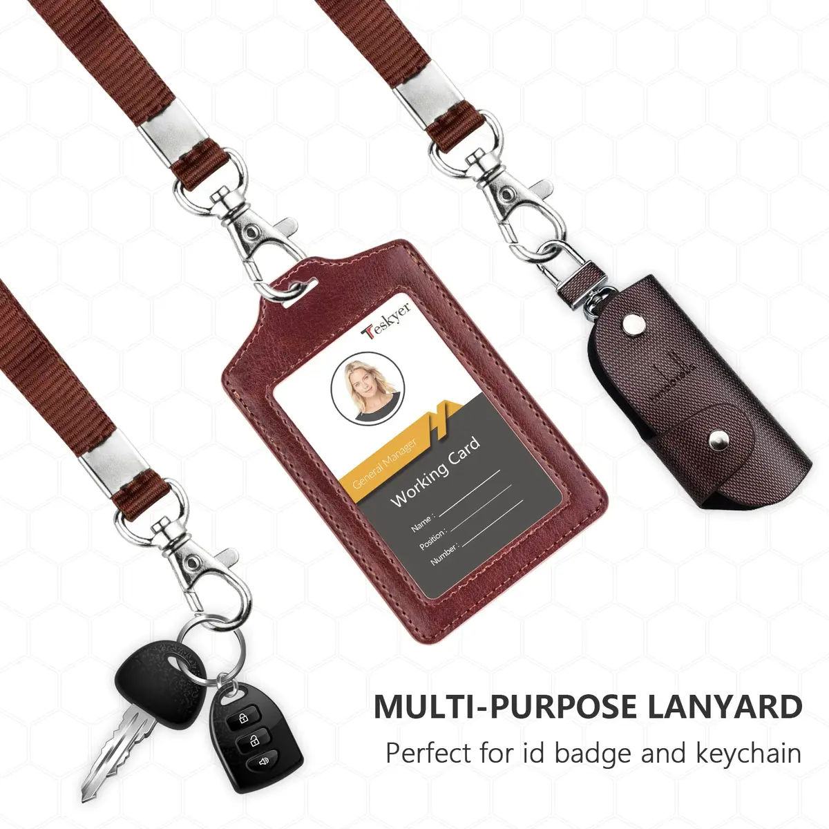 Teskyer Badge Holder with Lanyard | Double Sided Clear ID Card Holder, Brown | Professional Office & School Access - view 4
