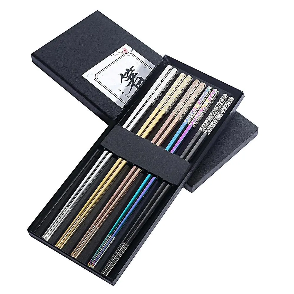 MOXILYN Metal Chopsticks Reusable Titanium Plated Stainless Steel 9.25 inch | Non-Slip for Beginners Gift Set - main product image