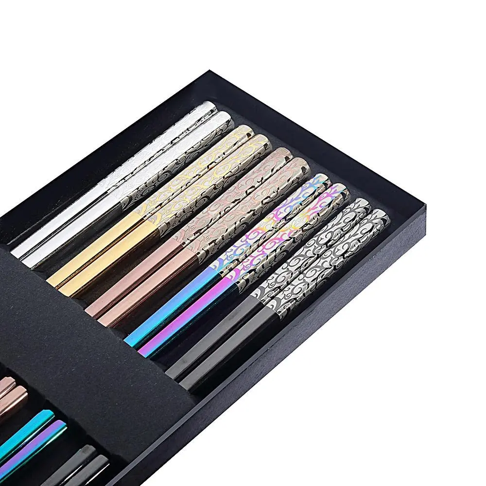 MOXILYN Metal Chopsticks Reusable Titanium Plated Stainless Steel 9.25 inch | Non-Slip for Beginners Gift Set - view 4