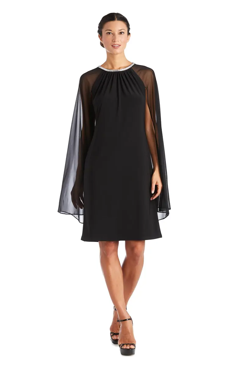 R&M Richards Embellished ITY Shift Dress with Chiffon Cape Sleeves | Elegant Evening Wear (70-120 chars) - main product image