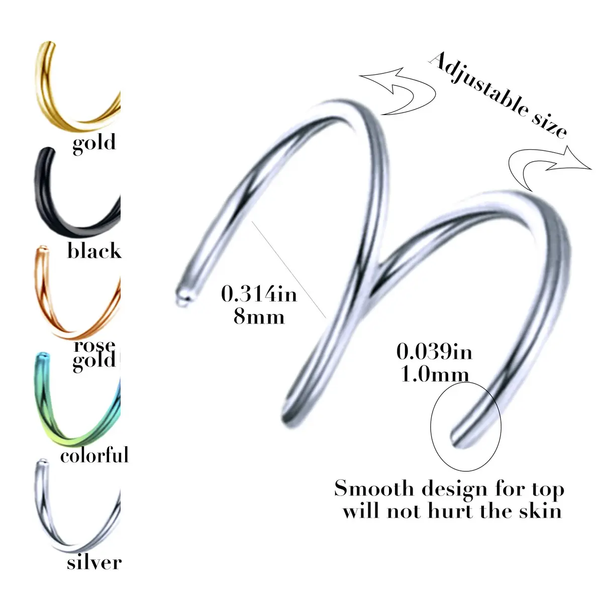 Tanreeqee 18G Double Nose Ring for Single Piercing | Stainless Steel Spiral Hoops for Women Men (D silver) - view 4
