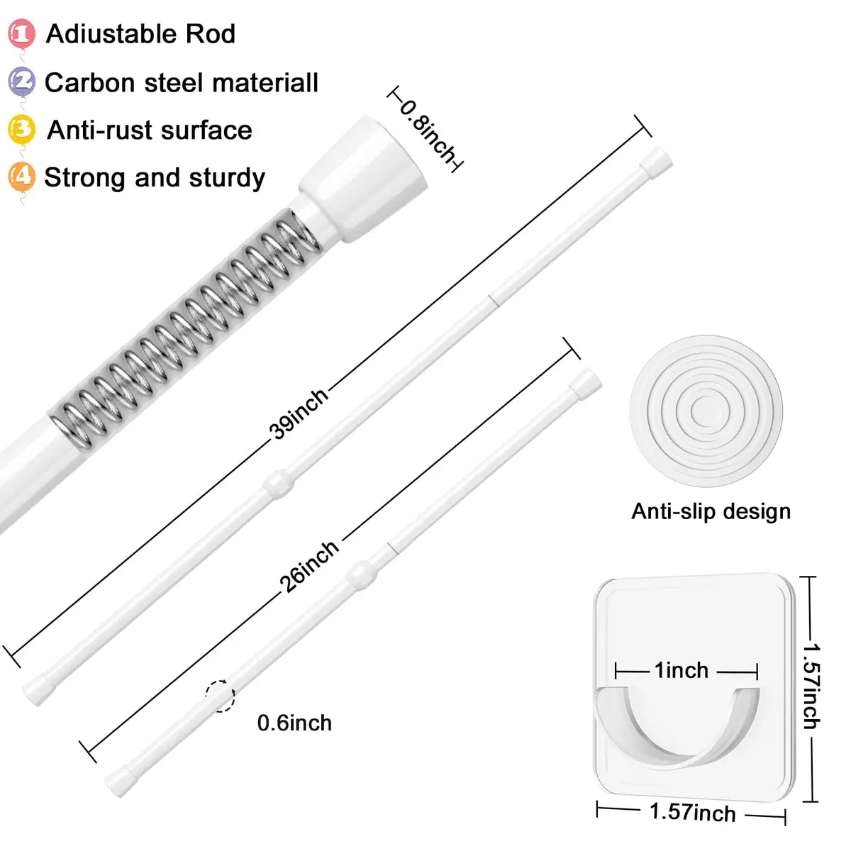AIZESI Spring Tension Curtain Rod 26-39 Inch | No Drilling Adjustable White - view 2