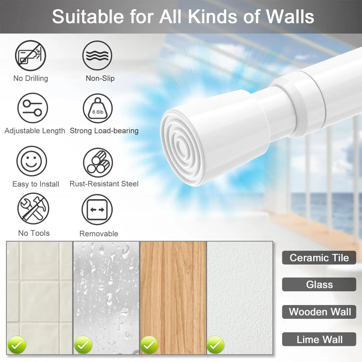 AIZESI Spring Tension Curtain Rod 26-39 Inch | No Drilling Adjustable White - view 3