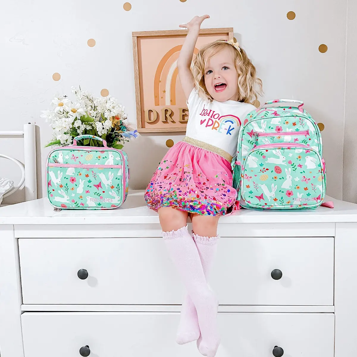 mibasies Kids Lunch Box for Girls, Insulated Lunch Bag School Kindergarten Rabbit Mint Green | Durable & Easy-Clean - view 2