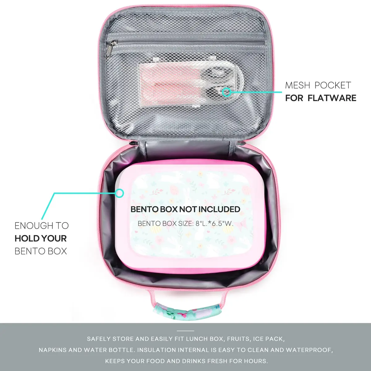 mibasies Kids Lunch Box for Girls, Insulated Lunch Bag School Kindergarten Rabbit Mint Green | Durable & Easy-Clean - view 3