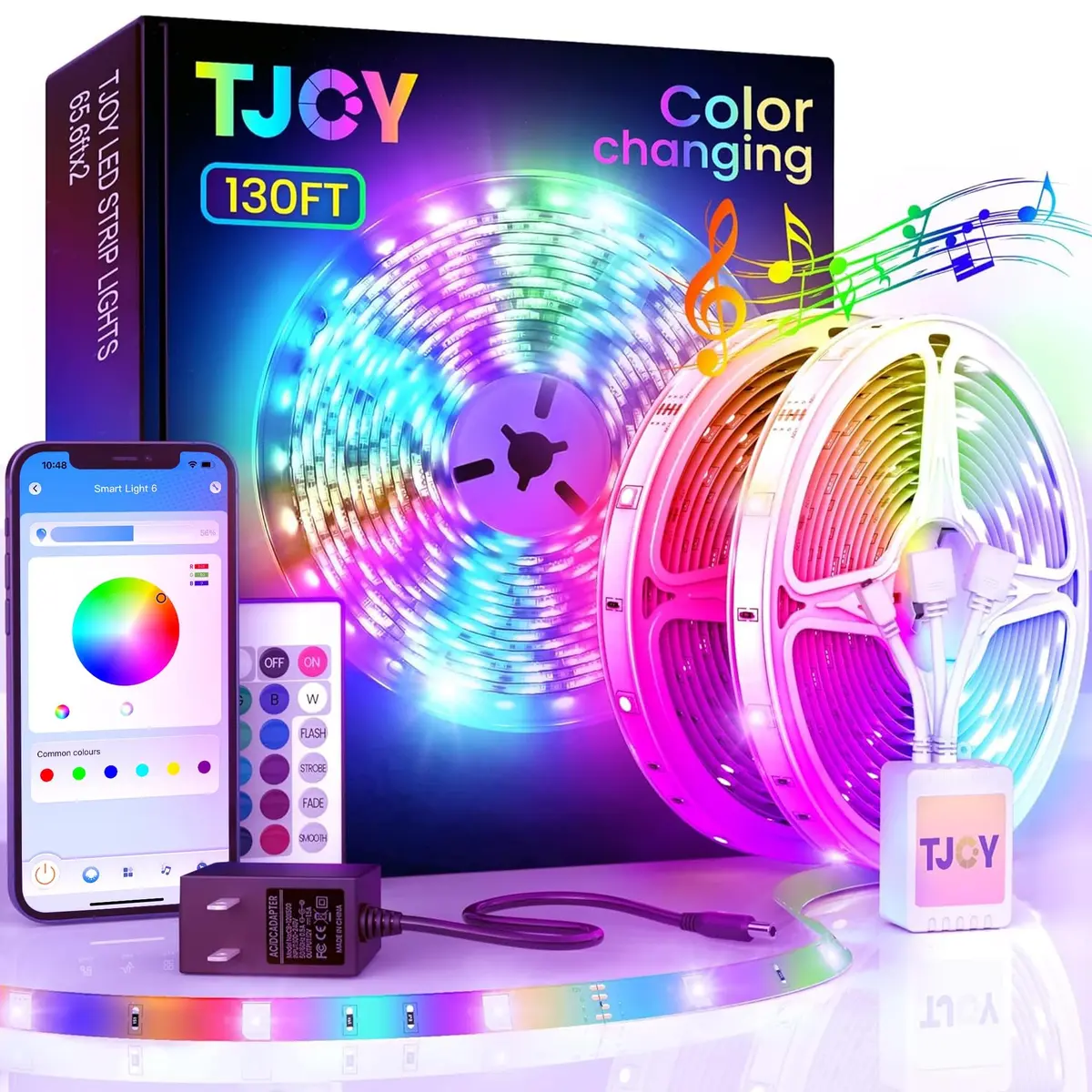 TJOY 130ft Bluetooth LED Strip Lights | RGB Color Changing, Music Sync, App Control, Indoor Use - main product image