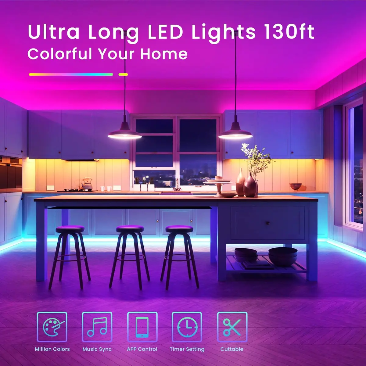 TJOY 130ft Bluetooth LED Strip Lights | RGB Color Changing, Music Sync, App Control, Indoor Use - view 2