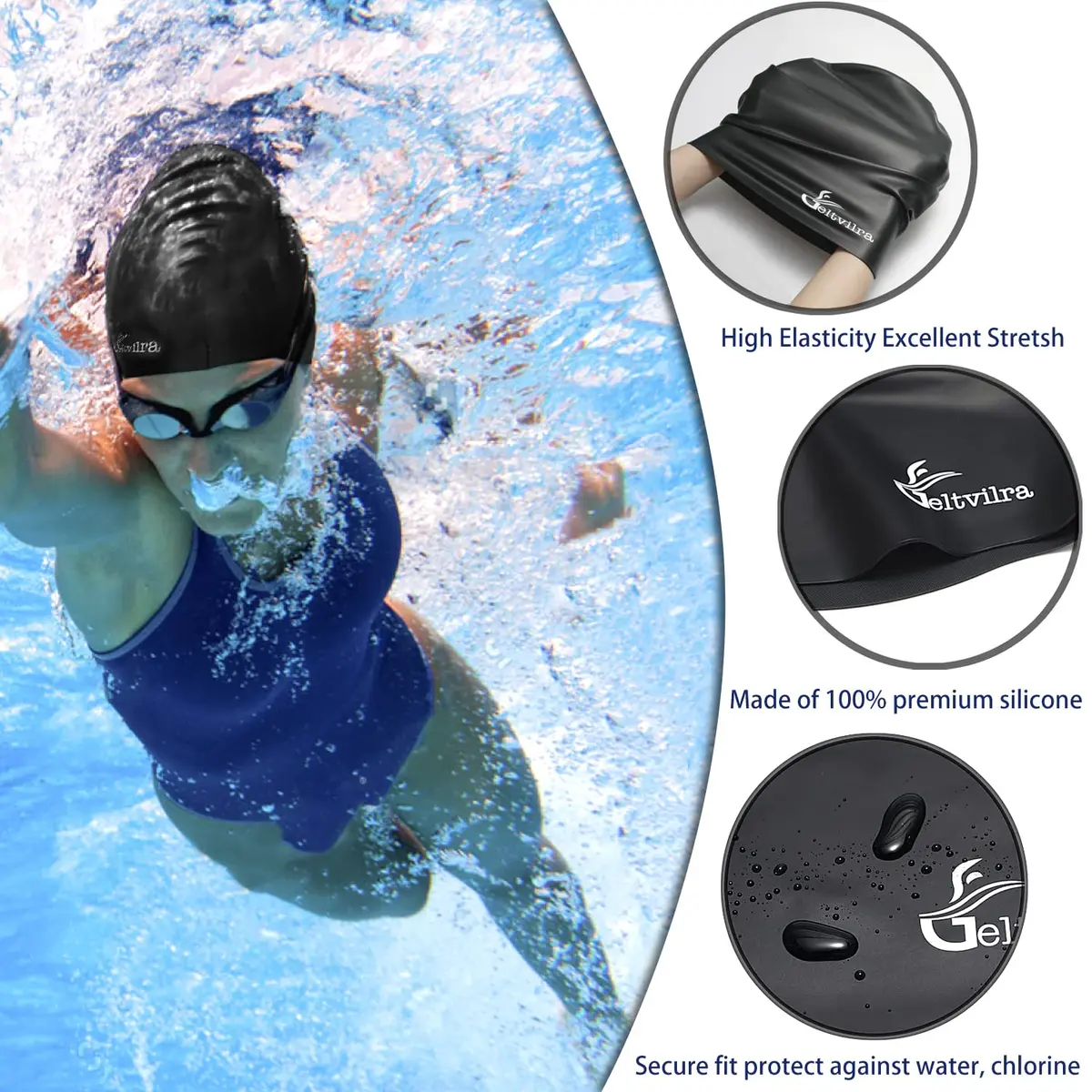 Geltvilra Extra Large Swim Cap for Braids and Dreadlocks | Silicone Long Hair Cap for Women Men (Blue, Purple) - view 2