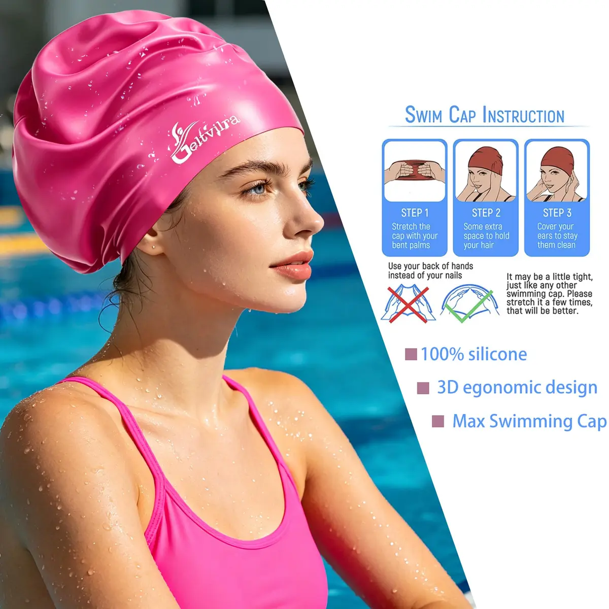Geltvilra Extra Large Swim Cap for Braids and Dreadlocks | Silicone Long Hair Cap for Women Men (Blue, Purple) - view 4
