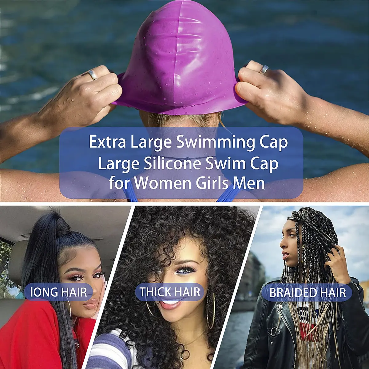 Geltvilra Extra Large Swim Cap for Braids and Dreadlocks Silicone Swimming Cap for Long Thick Curly Weaves Afro Hair Extensions (Blue, Fuchsia) | Roomy & Durable - view 3