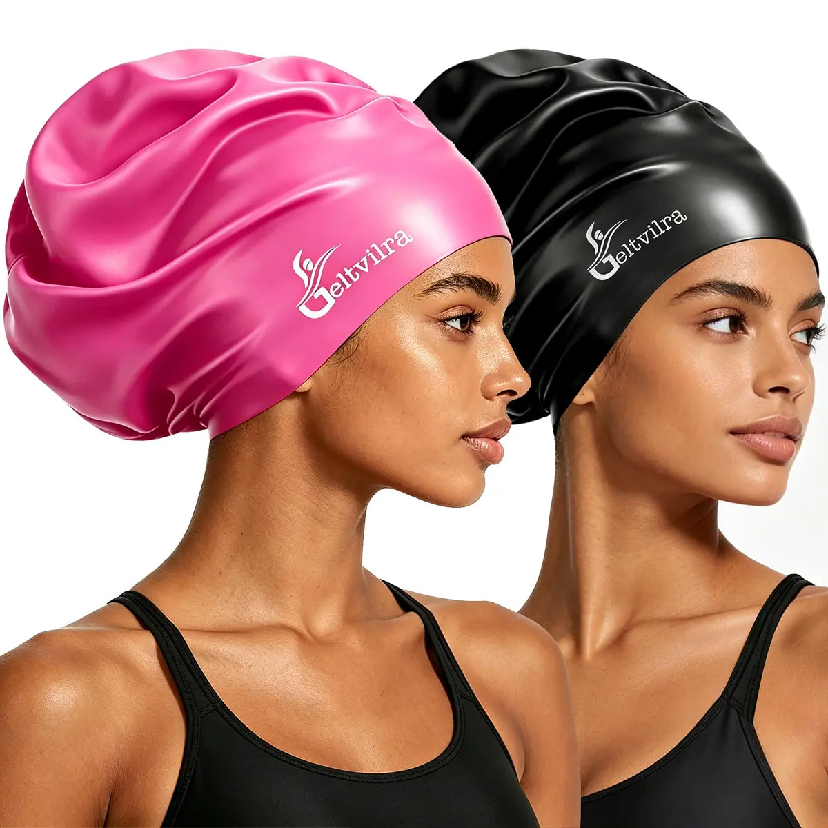 Geltvilra Extra Large Silicone Swim Cap for Braids & Dreadlocks | Long Thick Curly Hair (Black, Fuchsia) | Unisex - main product image