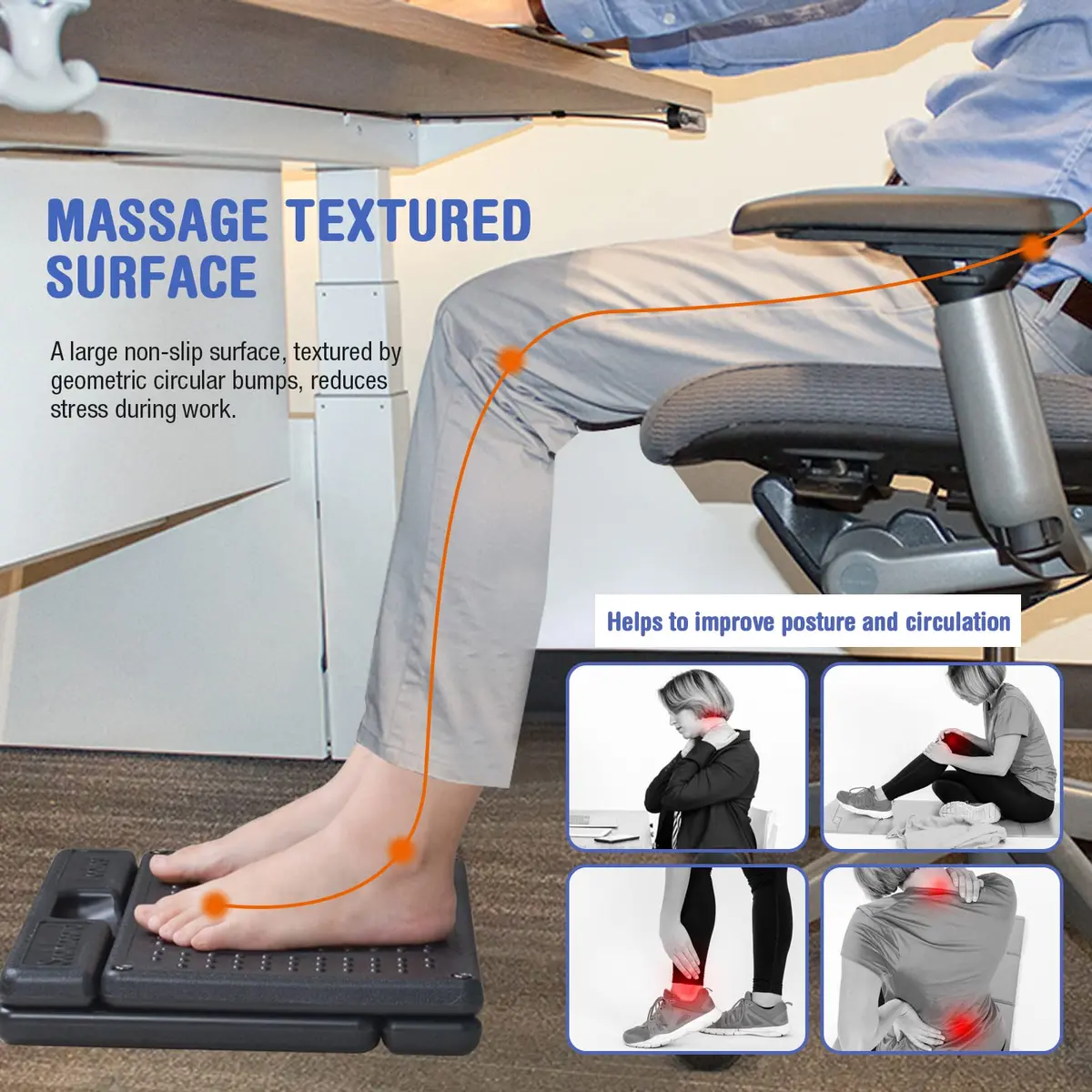 Leermart Adjustable Under Desk Footrest with Massage Beads & Soft Pad | 41.2cm (16.2") Length - view 2