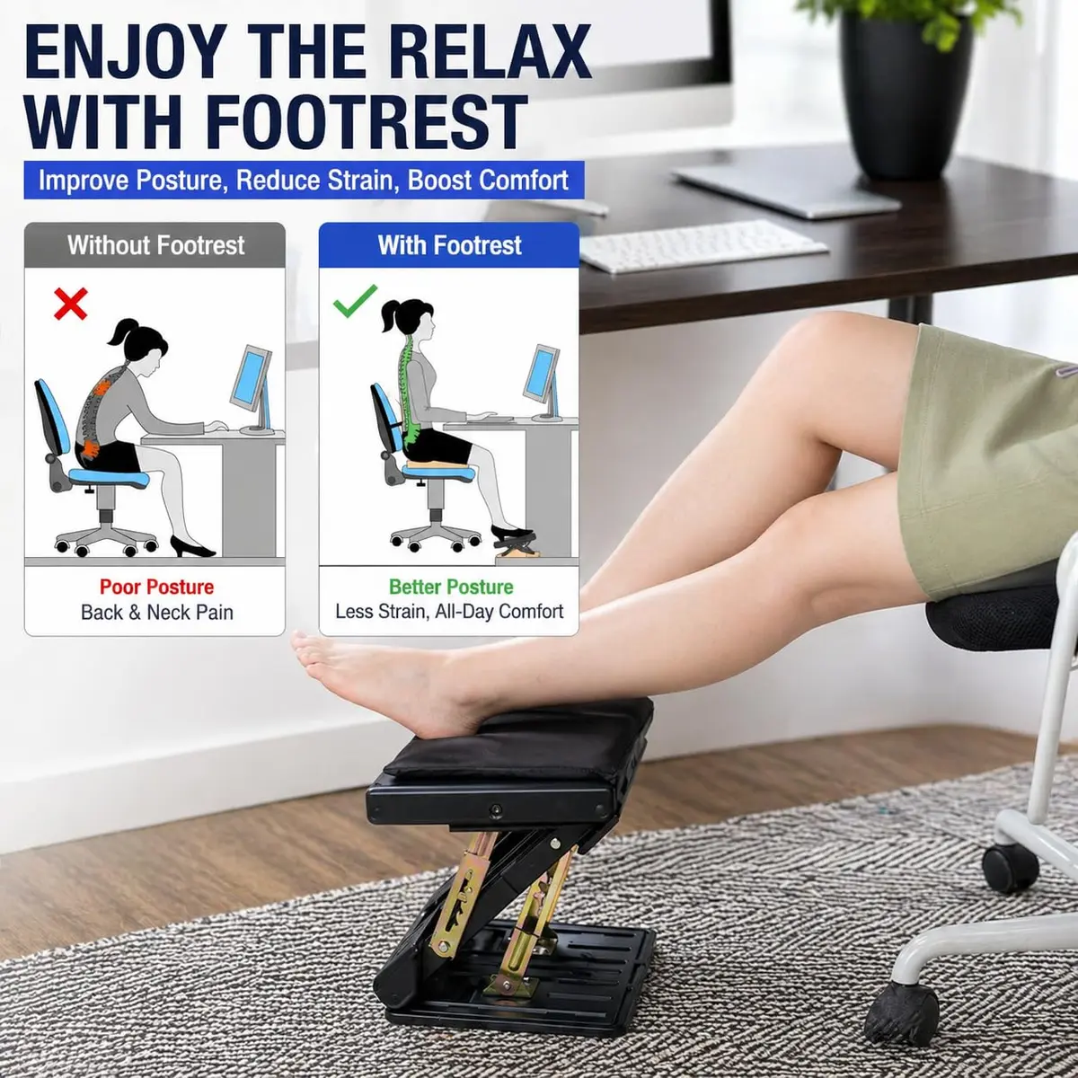 Leermart Adjustable Under Desk Footrest 32.3cm (12.7") | Ergonomic Support for Home & Office - view 2