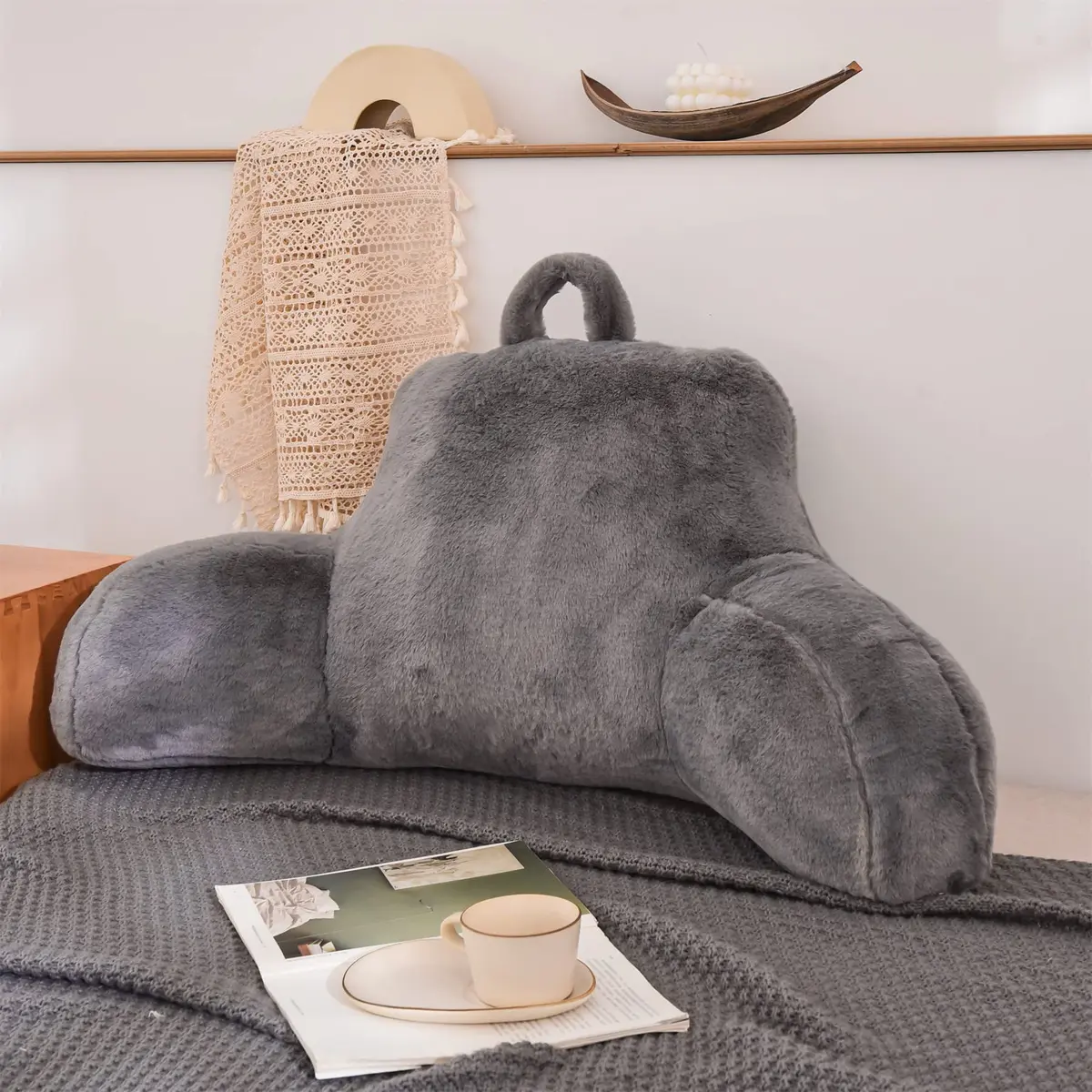 Aimuan Bed Rest Pillow with Arms | Rabbit Fur Cushion for Adults & Teens, 18in Support, Grey - view 6