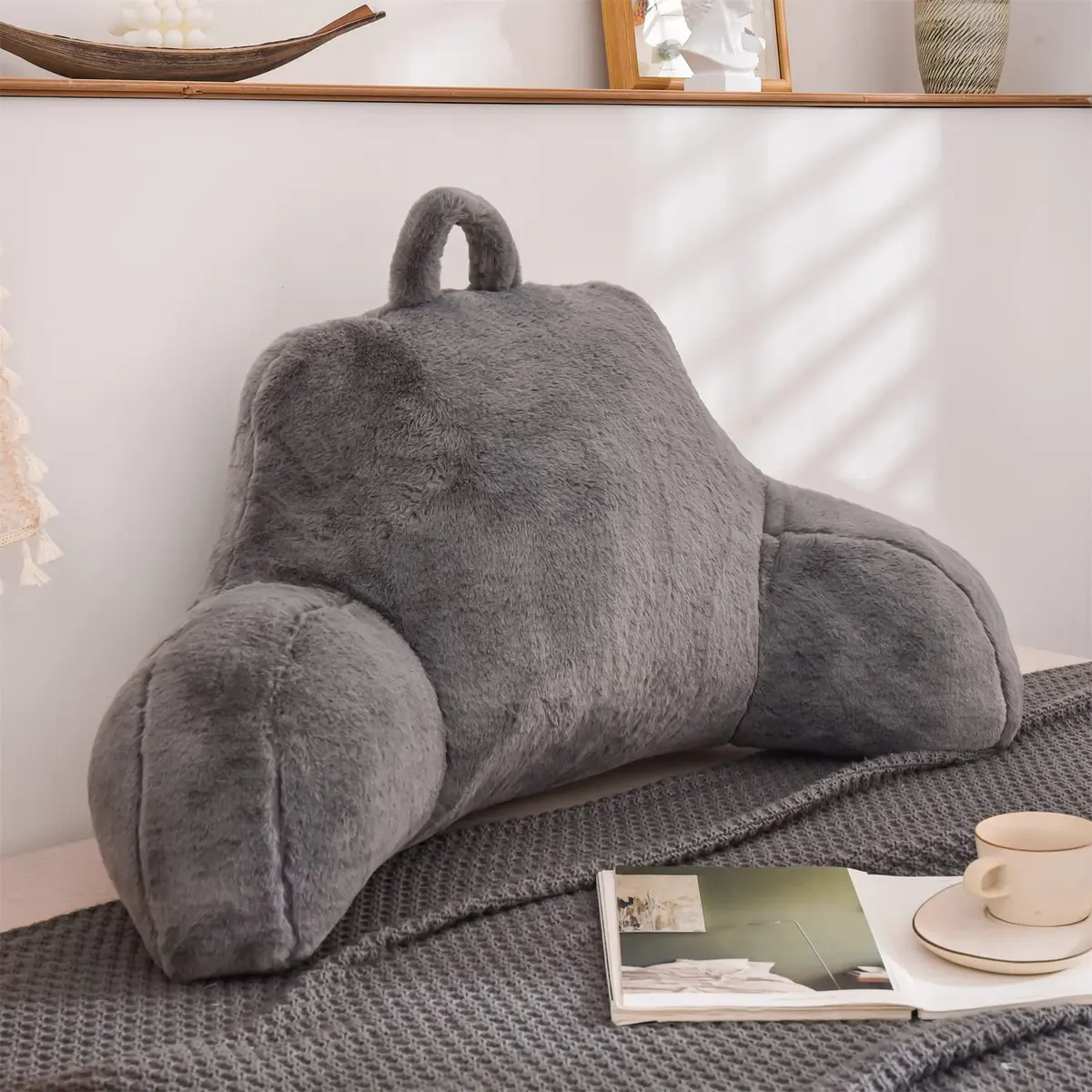 Aimuan Bed Rest Pillow with Arms | Rabbit Fur Cushion for Adults & Teens, 18in Support, Grey - view 9
