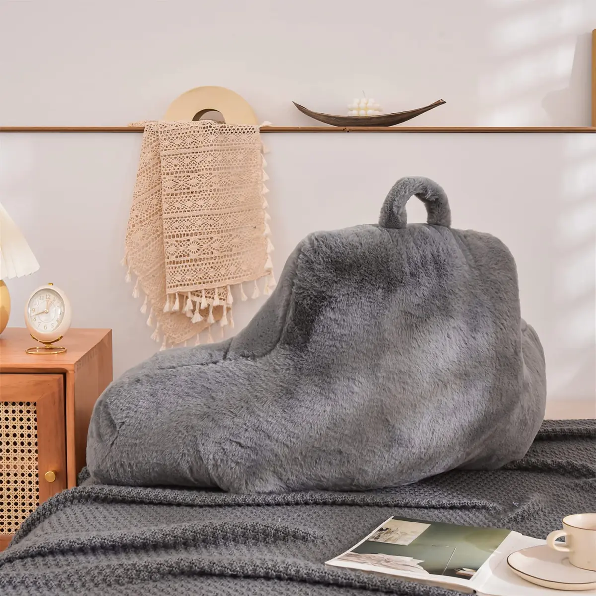Aimuan Bed Rest Pillow with Arms | Rabbit Fur Cushion for Adults & Teens, 18in Support, Grey - view 2