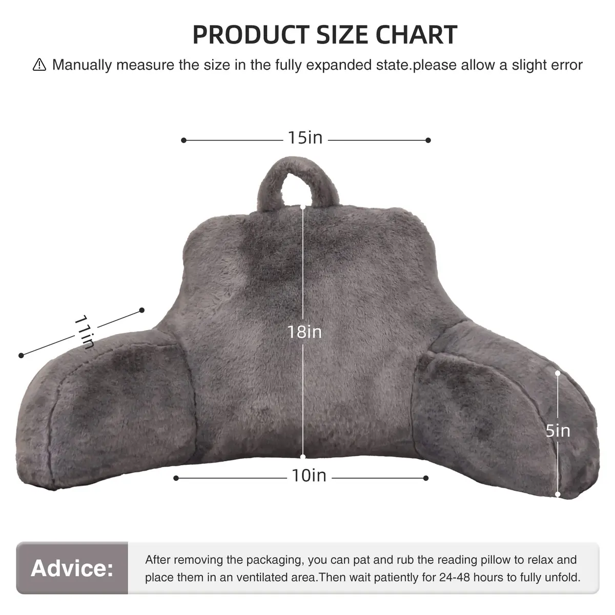 Aimuan Bed Rest Pillow with Arms | Rabbit Fur Cushion for Adults & Teens, 18in Support, Grey - view 3