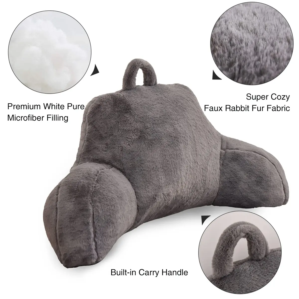 Aimuan Bed Rest Pillow with Arms | Rabbit Fur Cushion for Adults & Teens, 18in Support, Grey - view 4