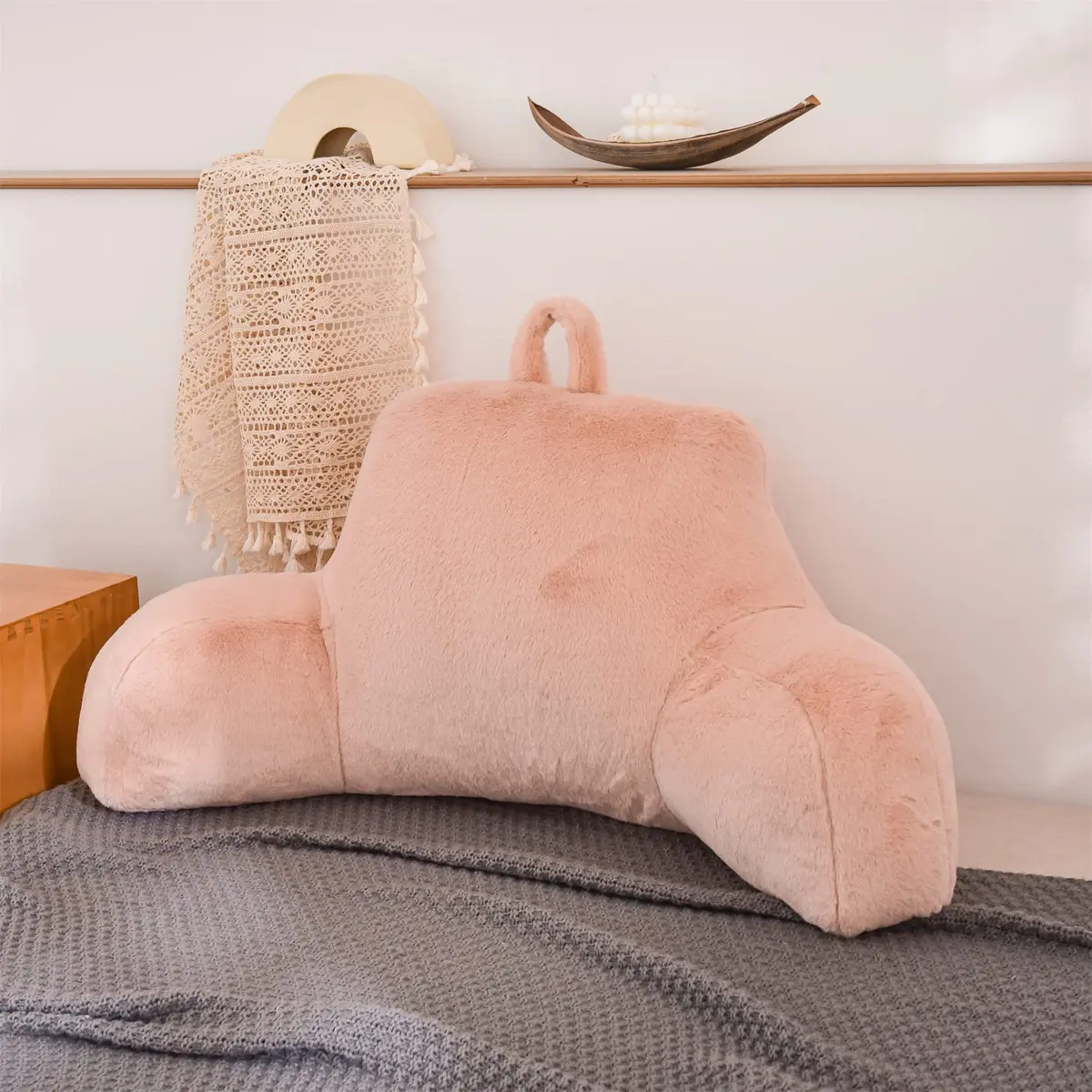 Aimuan Bed Rest Pillow with Arms | Cozy Rabbit Fur Back Support for Sitting & Sleeping in Bed (Standard, Blush) - view 6