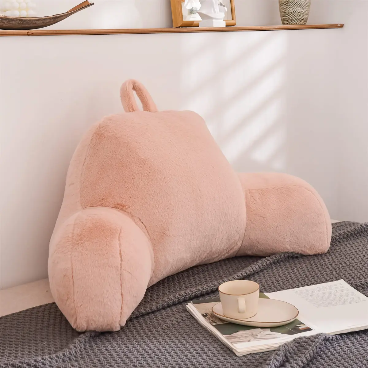 Aimuan Bed Rest Pillow with Arms | Cozy Rabbit Fur Back Support for Sitting & Sleeping in Bed (Standard, Blush) - view 9